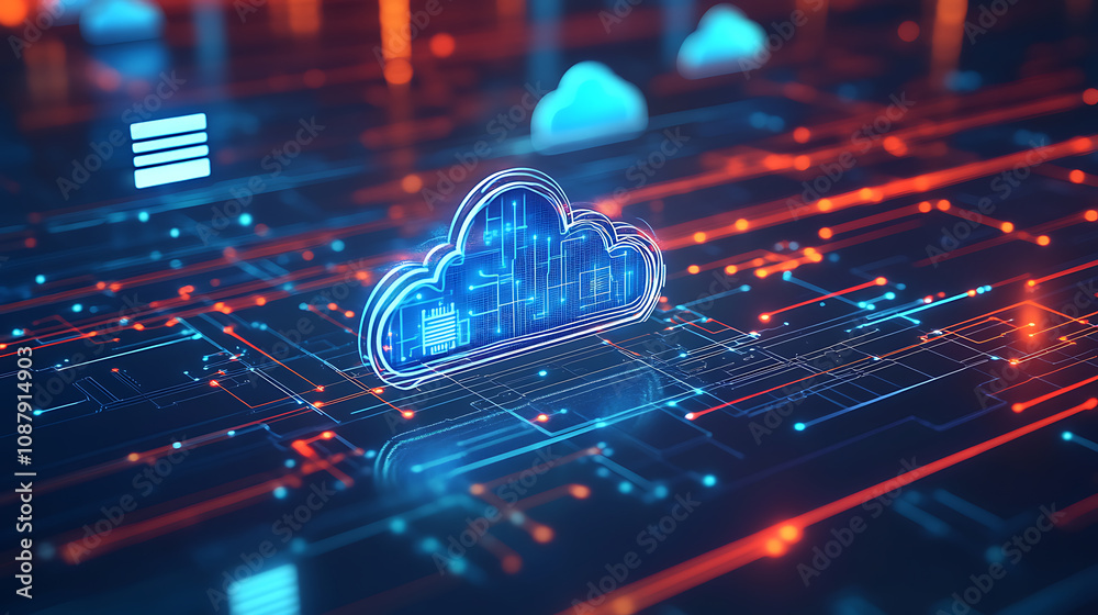 Aufkleber A digital illustration of cloud technology with icons representing data and network connection on a dark background