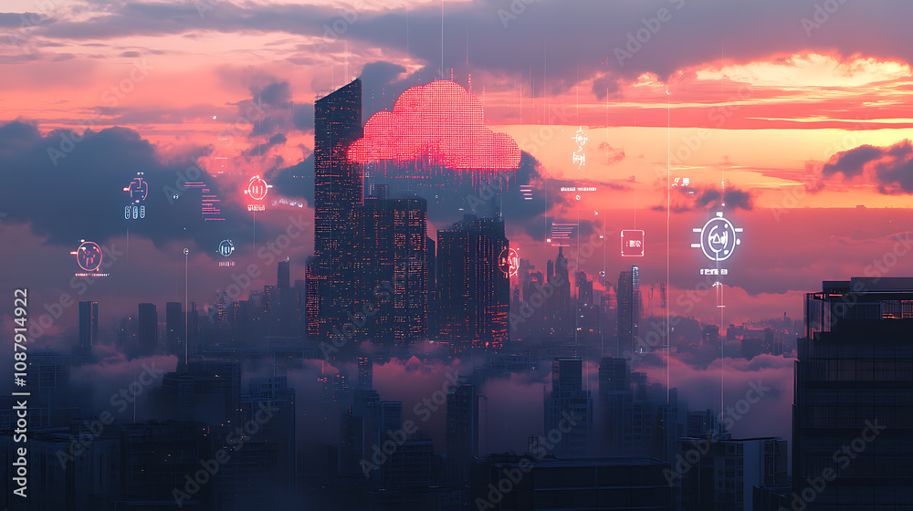 Aufkleber a digital illustration of a secure cloud storage concept, featuring a metallic microchip with a padl