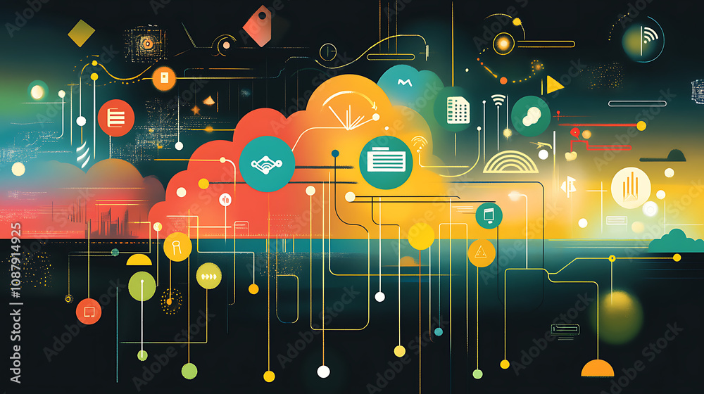 Aufkleber a digital illustration of cloud technology with icons representing data and network connection on a 