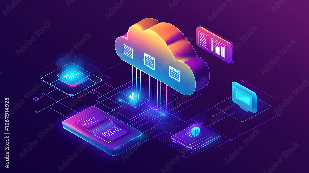 Poster a digital illustration of cloud technology with icons representing data and network connection on a 