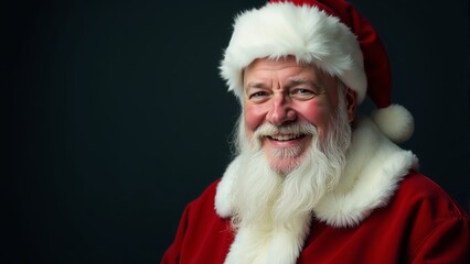 Naklejka premium A cheerful old man in a classic Santa suit smiles against a dark holiday backdrop