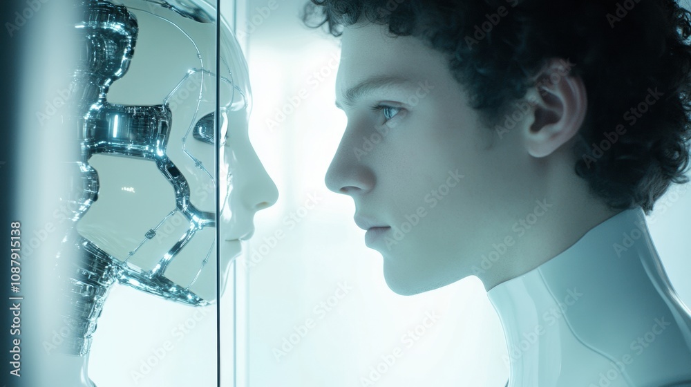 Poster a young individual stares intently into a digital mirror, observing the robotic reflection in a mode