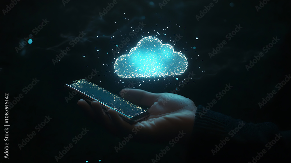 Aufkleber A hand holding a Phone with glowing cloud icon floating above it, symbolizing the user's connection to digital data and AI technology on black background