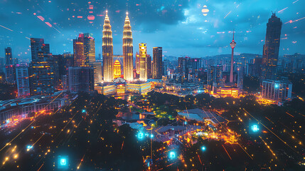 Obraz premium A holographic hologram of abstract technology icons surrounds a panoramic view of Kuala Lumpur, Malaysia, Asia, Concept of connections and networking among individuals, Double exposure