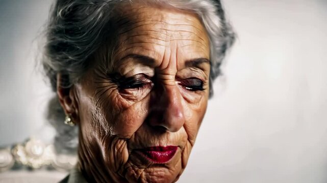 Close-up portrait capturing an elderly woman's complex expression: beneath her warm smile lies strong perplexity, framed by silver hair and expressive wrinkles. A study in contrasting emotions.
