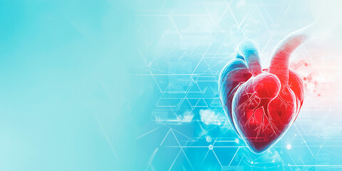 Illustration of a human heart with medical graphics on a blue gradient background. Banner with copy space