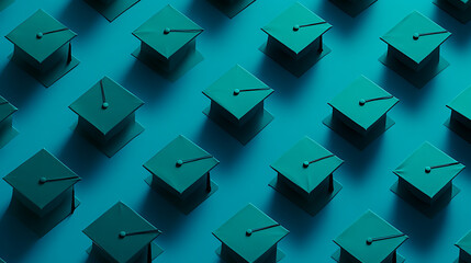 A pattern of dark green graduation caps on a blue background, symbolizing education and the beginning or end of an academic journey