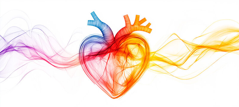 Abstract human heart with colorful flowing lines on a white background. Banner with copy space