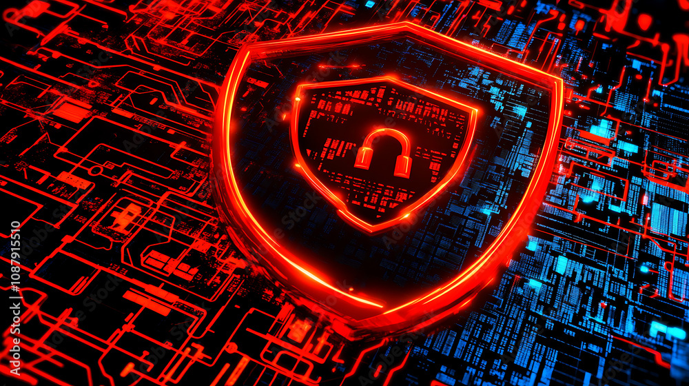 Fototapete A shield icon surrounded by digital symbols of security, such as locks and data combination on dark blue background with red light effect symbolizing advanced cyber protection technology