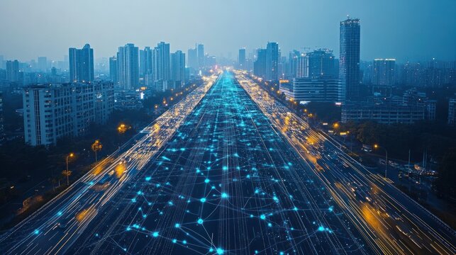 A city road with traffic lights and a digital network effect overlay.