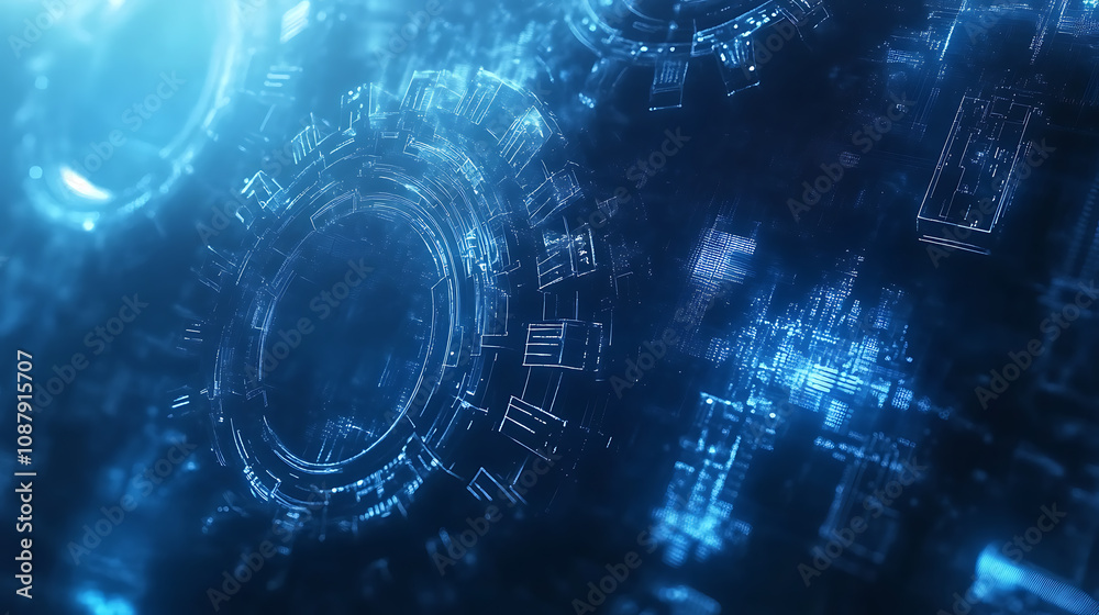 Leinwandbilder abstract blue gear high-tech background with technology, digital and data elements digital future te