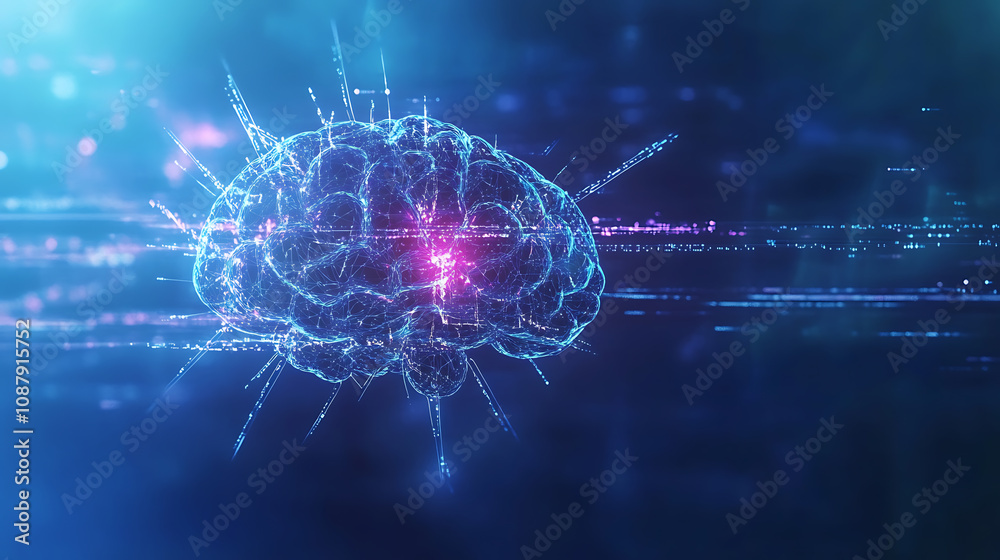 Poster abstract digital brain with glowing lines and holographic elements on blue background, concept of ar