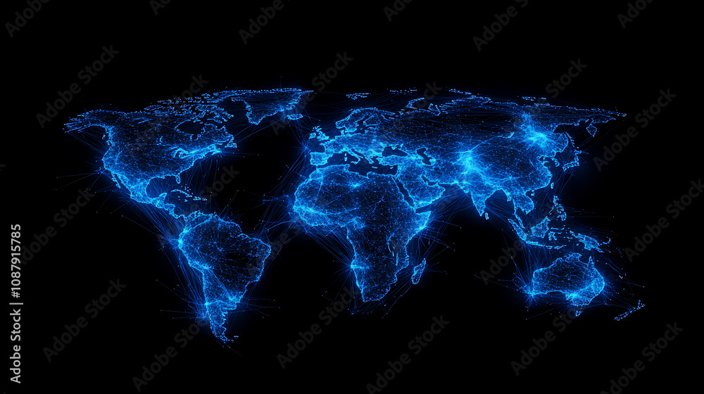 Leinwandbilder Abstract digital technology background with blue glowing hexagons and binary code, symbolizing the concept of global network connection