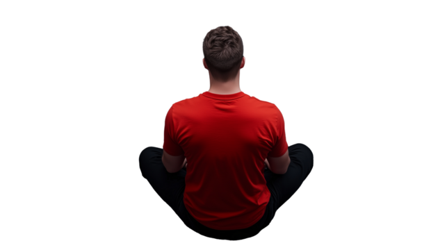 Man sitting in meditation pose wearing red shirt on transparent background