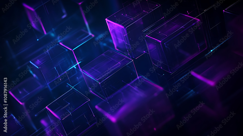 Poster blue purple isometric lines and cubes on dark background presentation design, ai digital technology 