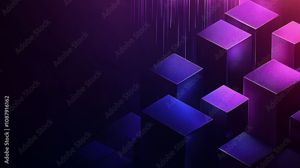Poster blue purple isometric lines and cubes on dark background presentation design, ai digital technology 