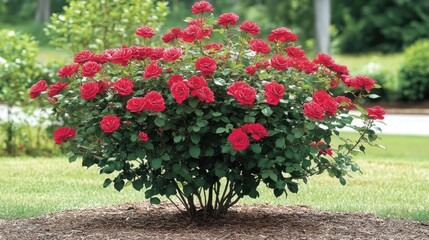Naklejka premium Vibrant Red Roses Blooming in a Well-Maintained Garden Landscape Surrounded by Lush Greenery on a Sunny Day