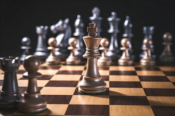 Chessboard with king and pawn, illuminated by warm lighting, highlighting strategic gameplay.