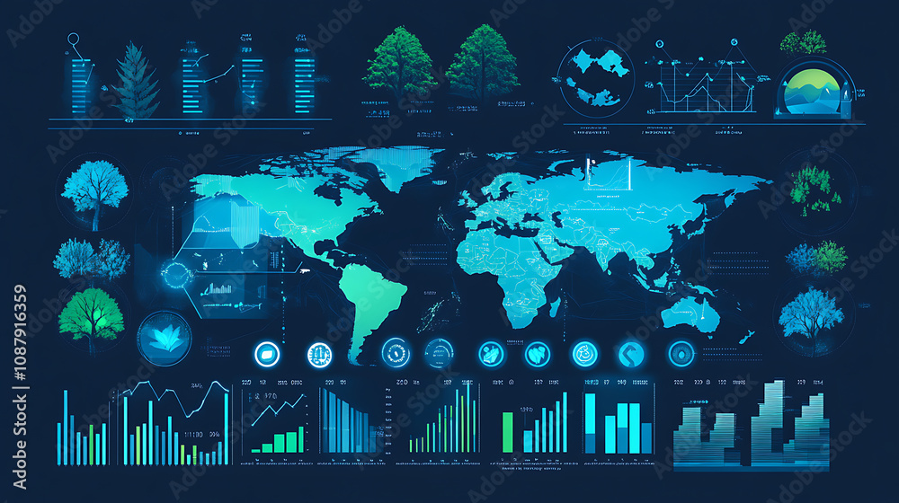 Poster Digital data visualization of global business, showcasing various charts and graphs on the screen with maps of different countries