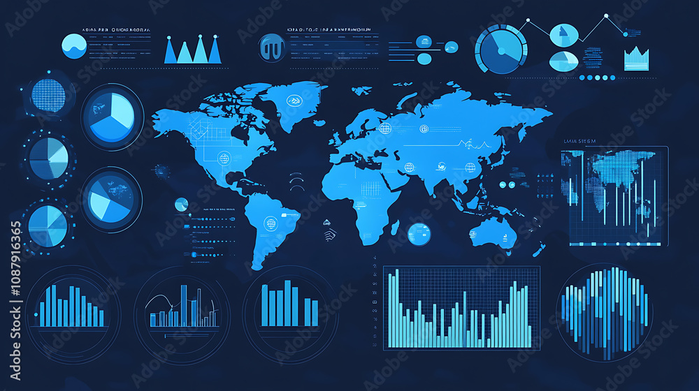 Fototapete digital data visualization of global business, showcasing various charts and graphs on the screen wi
