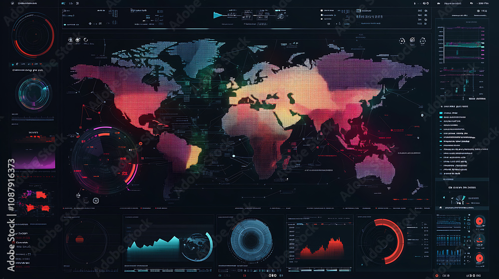 Fototapete digital data visualization of global business, showcasing various charts and graphs on the screen wi
