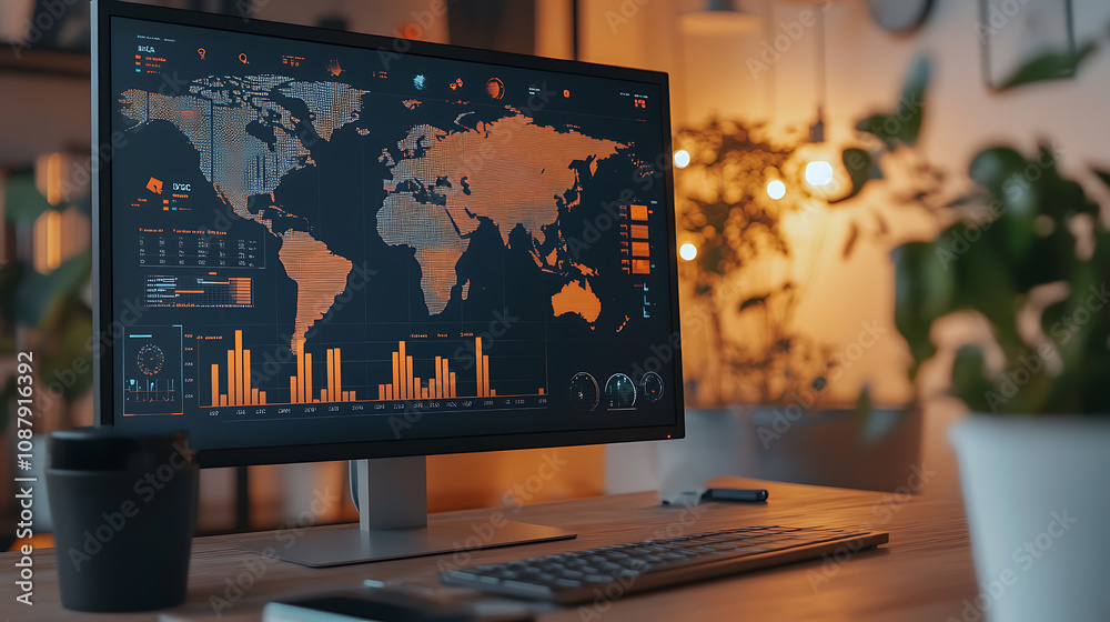 Fototapete Digital data visualization of global business, showcasing various charts and graphs on the screen with maps of different countries