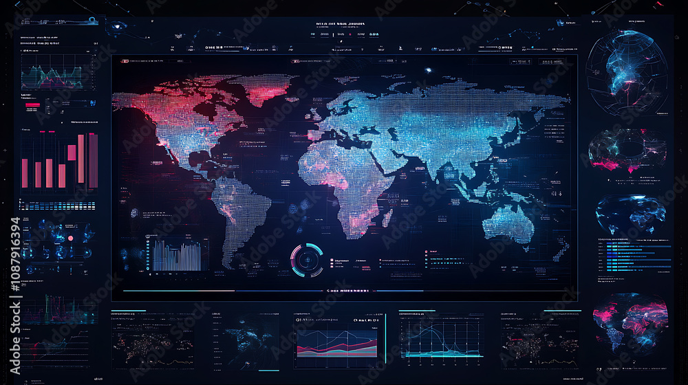Leinwandbilder Digital data visualization of global business, showcasing various charts and graphs on the screen with maps of different countries