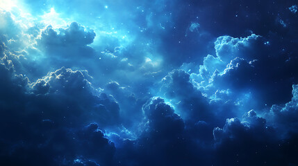 Digital background featuring cloud technology, with glowing blue and white clouds on a dark navy background