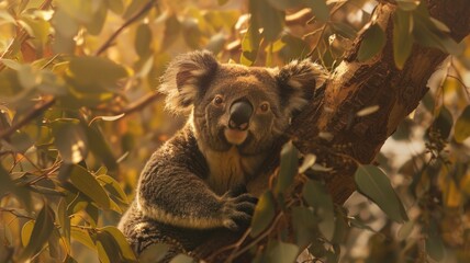Fototapeta premium Adorable koala resting on a tree in sunlit eucalyptus forest