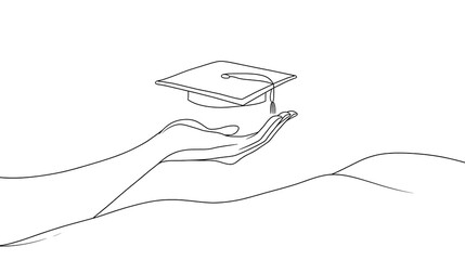 Obraz premium Line Drawing style, a simple minimalistic illustration of a hand holding a graduation cap with a white background and black thin lines