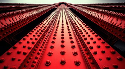 Low angle view of a red bridge's intricate steel structure, emphasizing rivets and beams. - Powered by Adobe