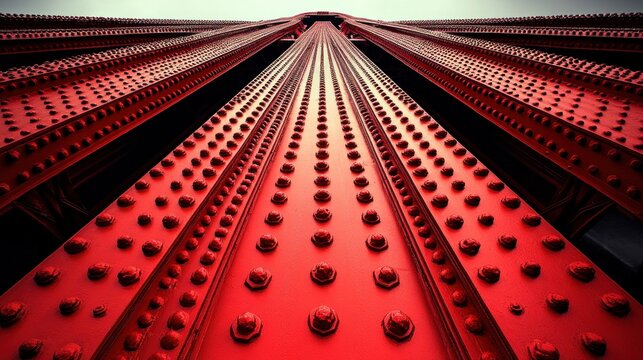 Low angle view of a red bridge's intricate steel structure, emphasizing rivets and beams. - Powered by Adobe