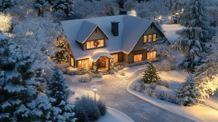 Cozy Winter Wonderland Home with Snowy Landscape and Warm Lights, Inviting Atmosphere Surrounded by Festive Holiday Decor in a Serene Environment