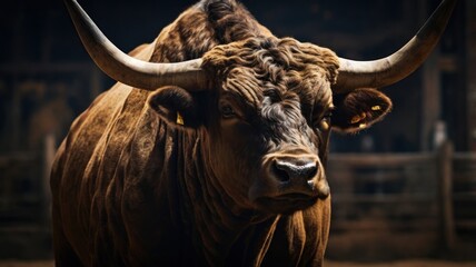 Naklejka premium A large brown bull with long horns stares intensely at the camera.