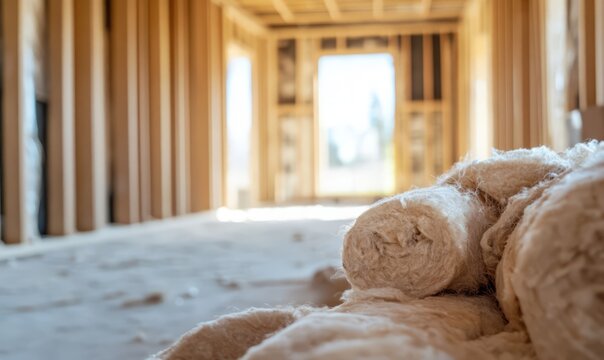 Close-up of insulation materials being installed in the walls of a house under construction, showcasing the building process