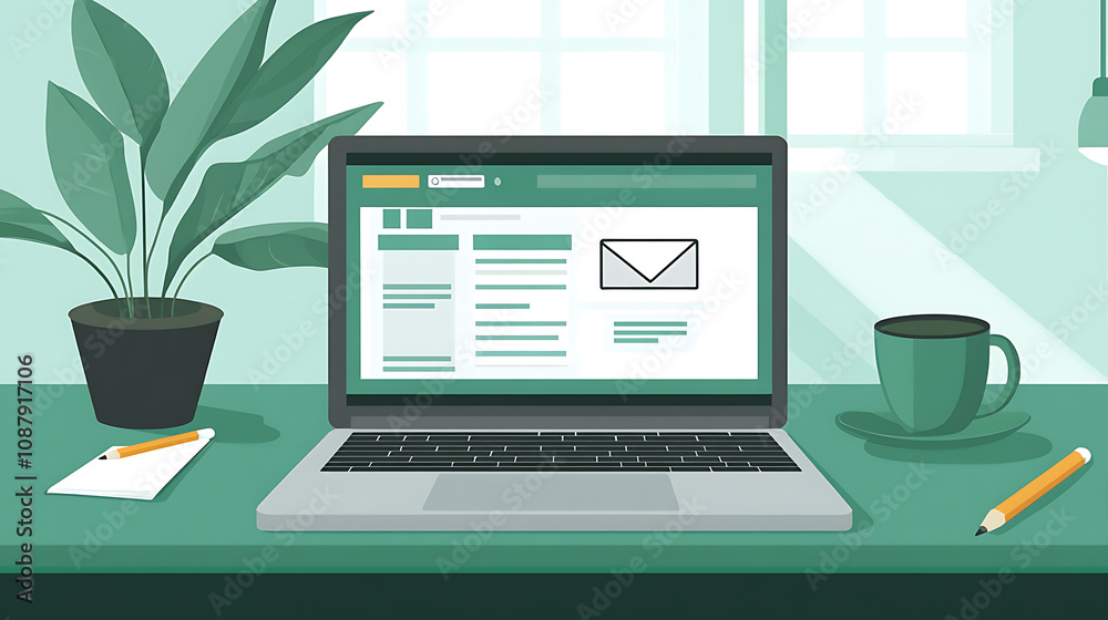 Poster illustration of an open laptop showing an email client interface on the screen, with an office desk 