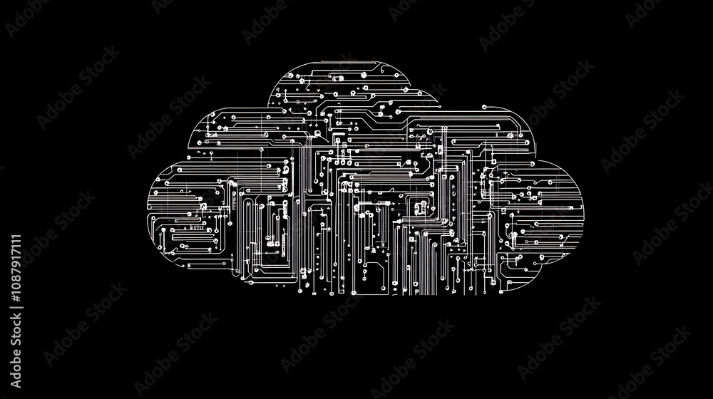 Aufkleber Minimalistic cloud made of circuit board patterns on a black background, white lines