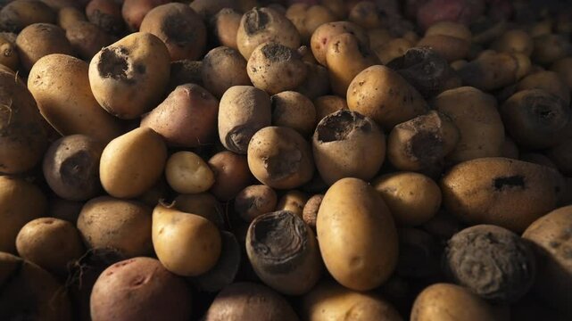 Bad spoiled potatoes, wireworm eaten, unhealthy vegetables. Sick, disease, late blight. Solanum tuberosum with maggots inside. Rotten harvest. Crop failure. Tuber affected by bacterial decay