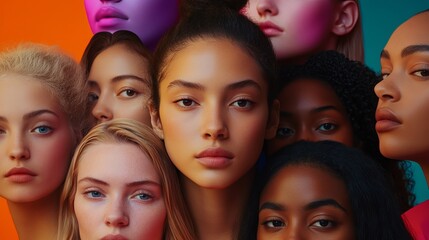 Obraz premium Explore a compilation of medical and dermatological knowledge on various skin conditions. Witness a vibrant collage showcasing diverse skin colors and nationalities in young women