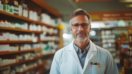 Fototapeta premium Pharmacist displaying various medications and pills on a pharmacy counter, bright store space