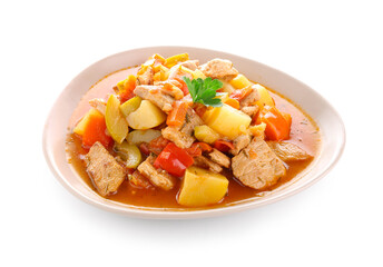 Bowl with delicious beef stew and parsley on white background