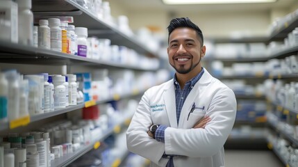 Fototapeta premium Pharmacist displaying various medications and pills on a pharmacy counter, bright store space