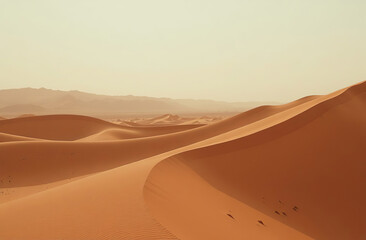 Sand dunes in sunlight, deserted desert red hills at sunset sky. AI Generative
