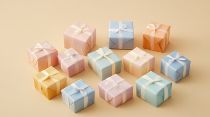 Obraz premium Colorful Decorative Gift Boxes in Soft Pastel Shades Arranged on a Beige Background for Elegant Holiday or Celebration Occasions