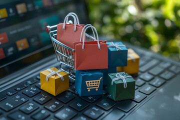 Close-up of a miniature shopping cart filled with colorful gift bags and boxes placed on a laptop keyboard, symbolizing online shopping, e-commerce, and modern retail convenience.
