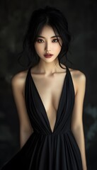 Naklejka premium Asian woman in a black floor-length dress with a plunging neckline