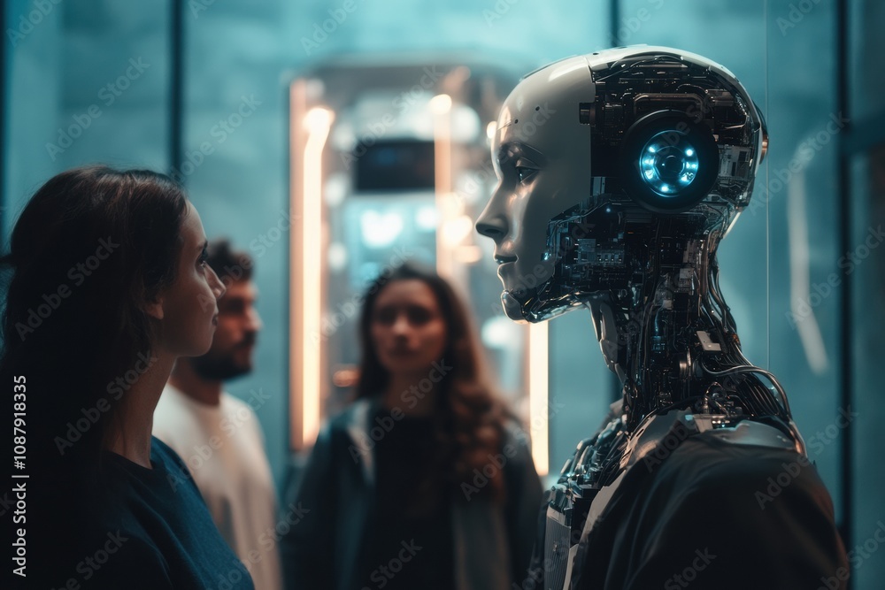 Leinwandbilder a diverse group of people interacts closely with an abstract ai system, exploring technology and its