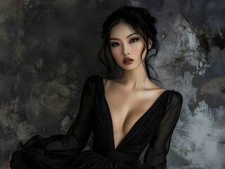 Fototapeta premium Asian woman in a black floor-length dress with a plunging neckline