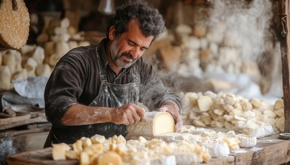 An artisan making cheese from local dairy in a rural area, Cheese Production, Authentic and handmade