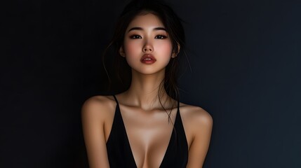 Naklejka premium Asian woman in a black floor-length dress with a plunging neckline